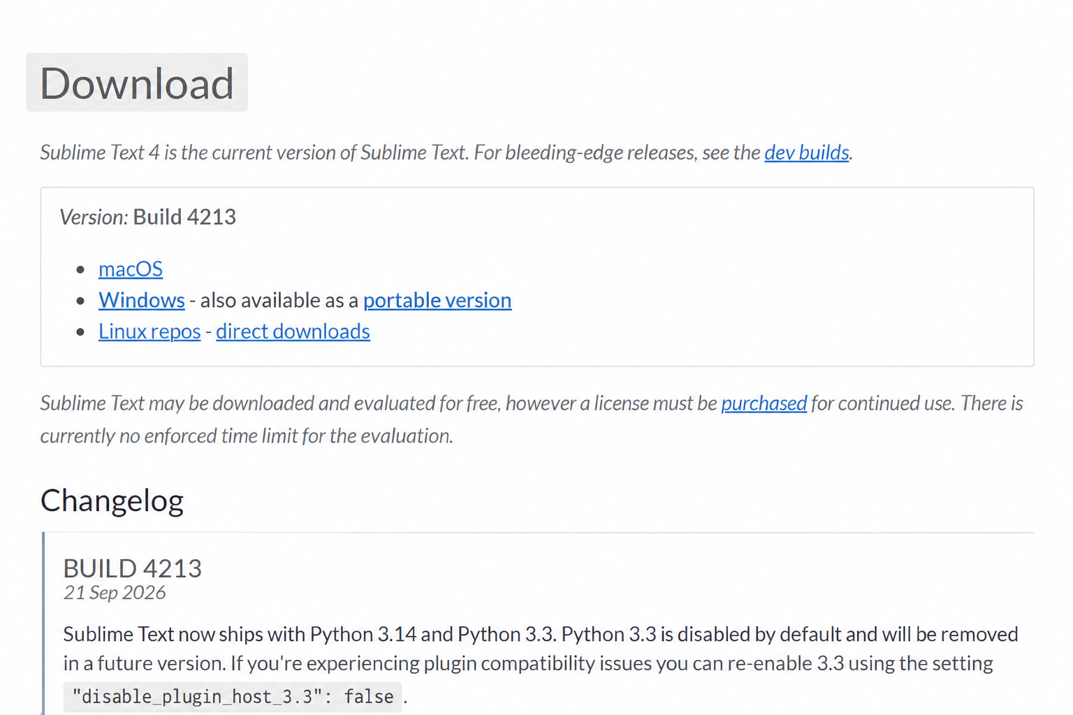 Sublime Text 官方下载页：Build 4213 与下载入口